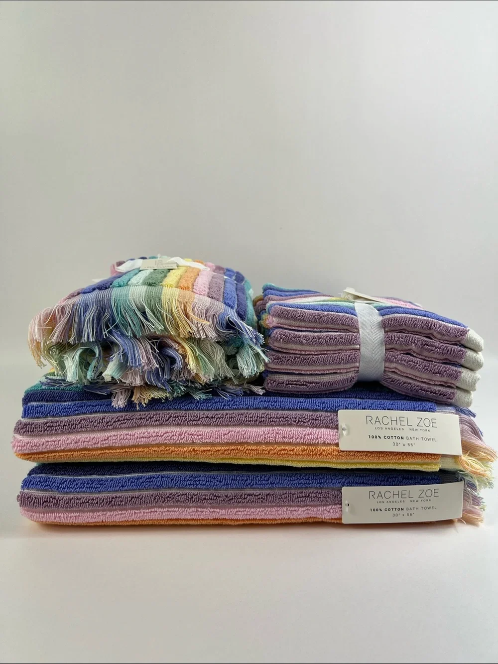 Rachel Zoe Bath Towels Rainbow Pastel Striped with Fringe Cotton 8 Pc Set NEW